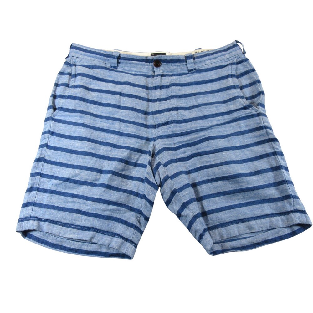 J Crew Mens‎ Shorts Stanton 31 x 9 Blue Striped 100% Baird McNutt Irish Linen